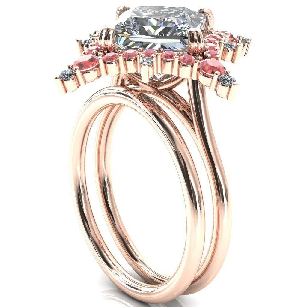 Thalim Princess/Square Moissanite 4-Point Star Padparadscha Sapphire and Diamond Halo Ring ver. 2