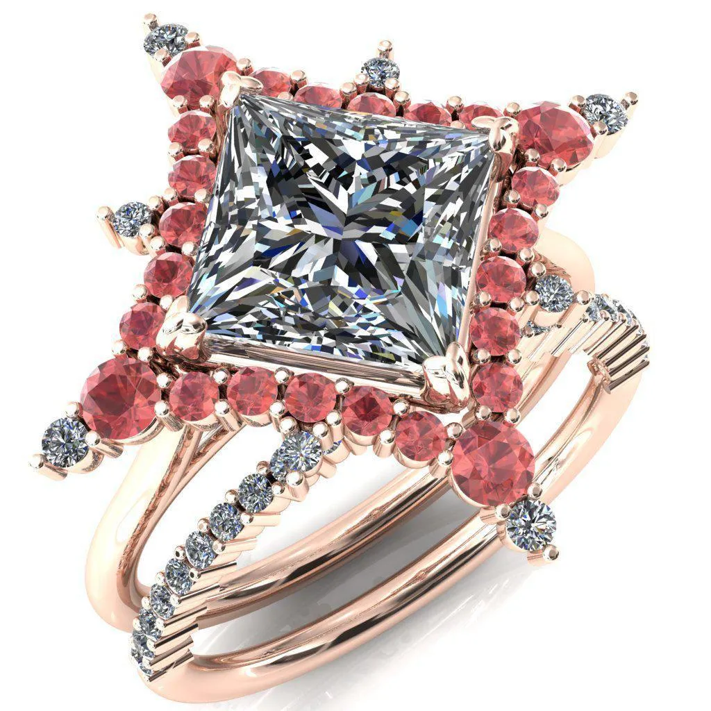 Thalim Princess/Square Moissanite 4-Point Star Padparadscha Sapphire and Diamond Halo Ring ver. 2