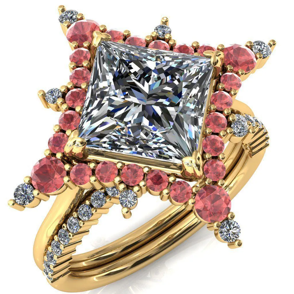 Thalim Princess/Square Moissanite 4-Point Star Padparadscha Sapphire and Diamond Halo Ring ver. 2