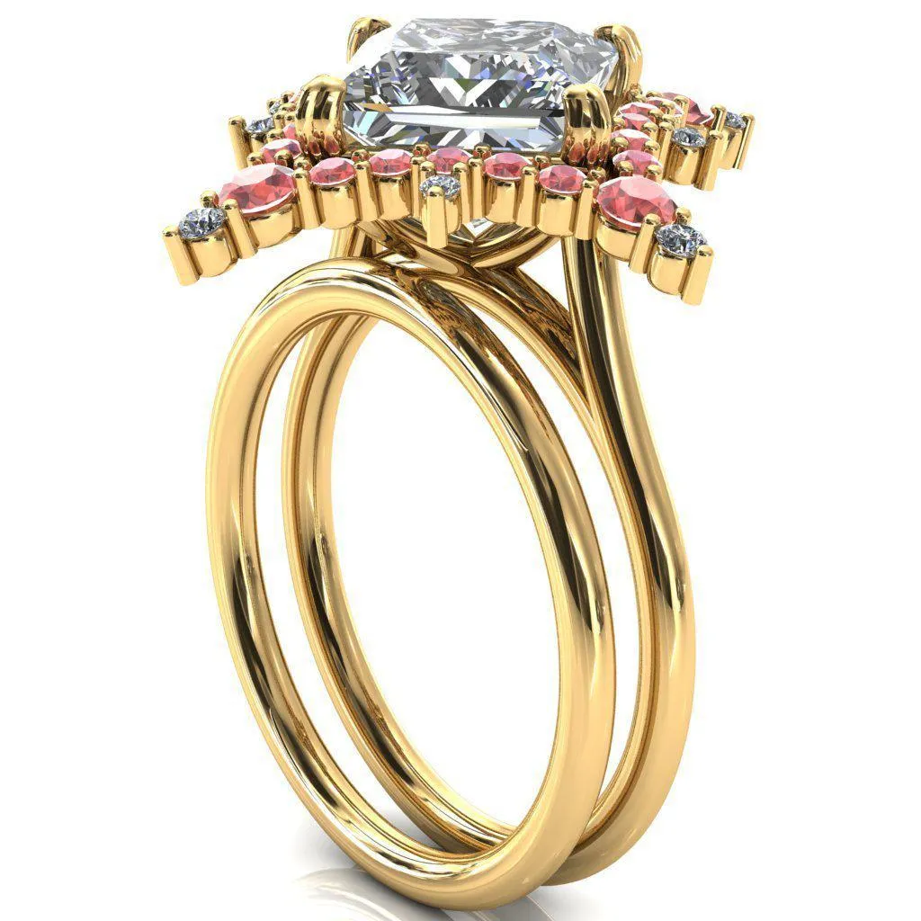 Thalim Princess/Square Moissanite 4-Point Star Padparadscha Sapphire and Diamond Halo Ring ver. 2