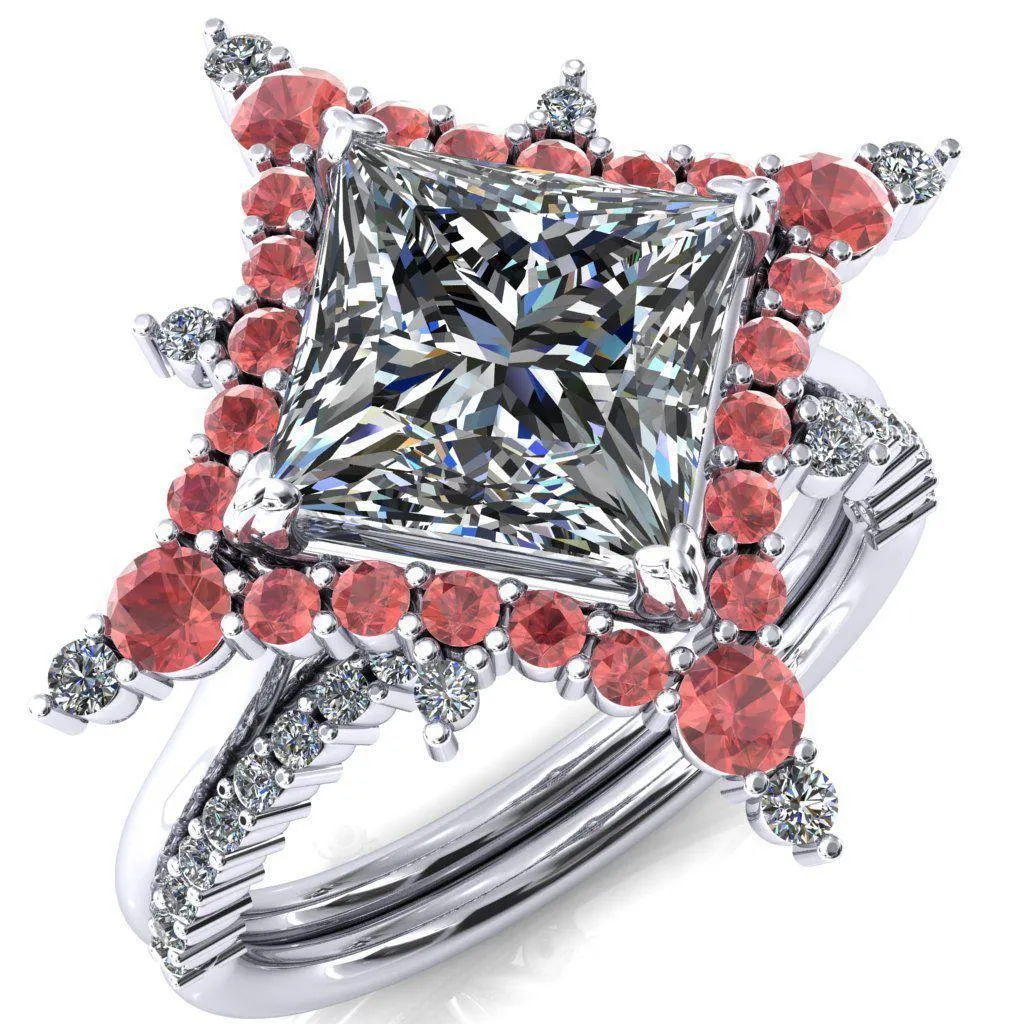 Thalim Princess/Square Moissanite 4-Point Star Padparadscha Sapphire and Diamond Halo Ring ver. 2