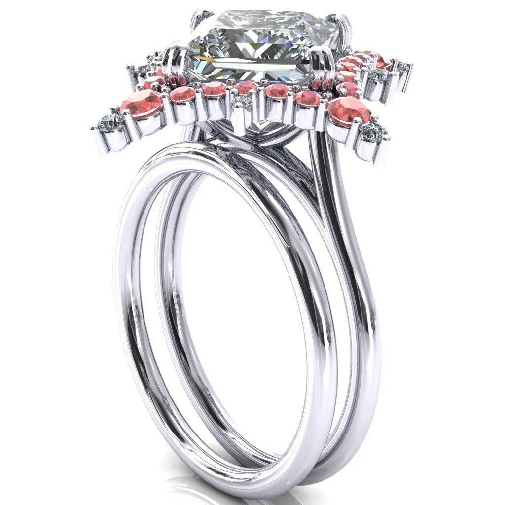 Thalim Princess/Square Moissanite 4-Point Star Padparadscha Sapphire and Diamond Halo Ring ver. 2