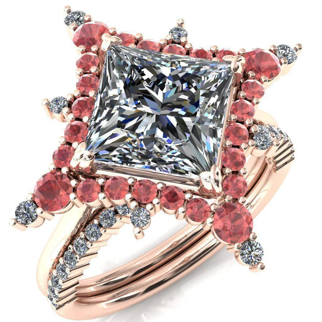 Thalim Princess/Square Moissanite 4-Point Star Padparadscha Sapphire and Diamond Halo Ring ver. 2