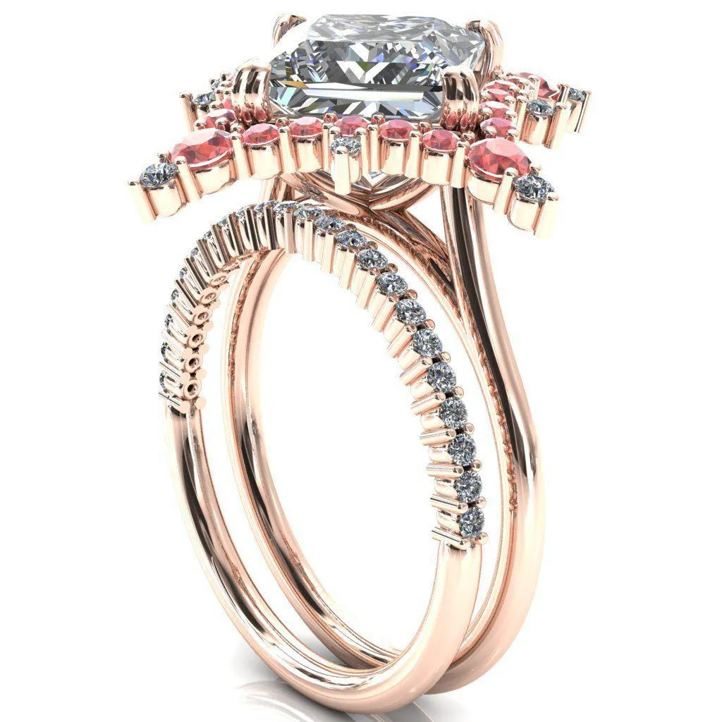 Thalim Princess/Square Moissanite 4-Point Star Padparadscha Sapphire and Diamond Halo Ring ver. 2
