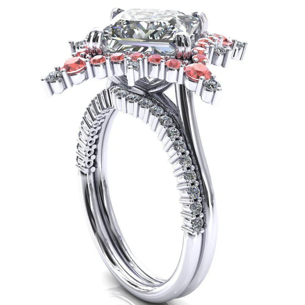 Thalim Princess/Square Moissanite 4-Point Star Padparadscha Sapphire and Diamond Halo Ring ver. 2