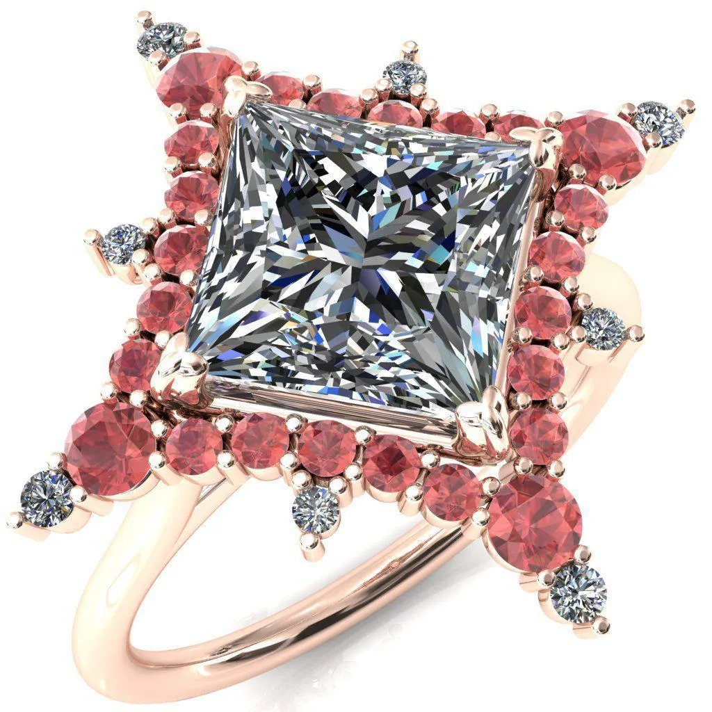Thalim Princess/Square Moissanite 4-Point Star Padparadscha Sapphire and Diamond Halo Ring ver. 2