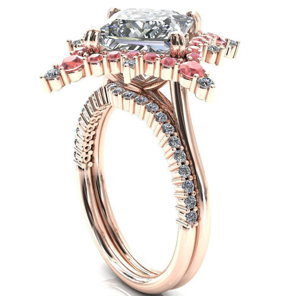 Thalim Princess/Square Moissanite 4-Point Star Padparadscha Sapphire and Diamond Halo Ring ver. 2
