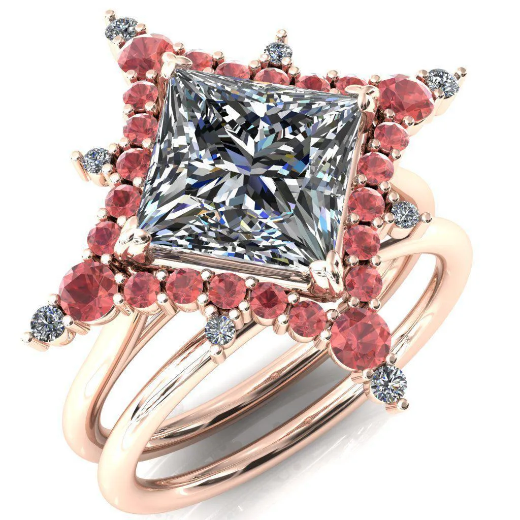 Thalim Princess/Square Moissanite 4-Point Star Padparadscha Sapphire and Diamond Halo Ring ver. 2