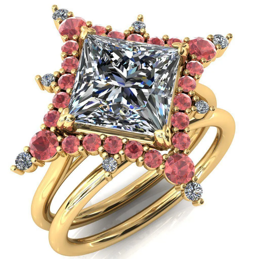Thalim Princess/Square Moissanite 4-Point Star Padparadscha Sapphire and Diamond Halo Ring ver. 2