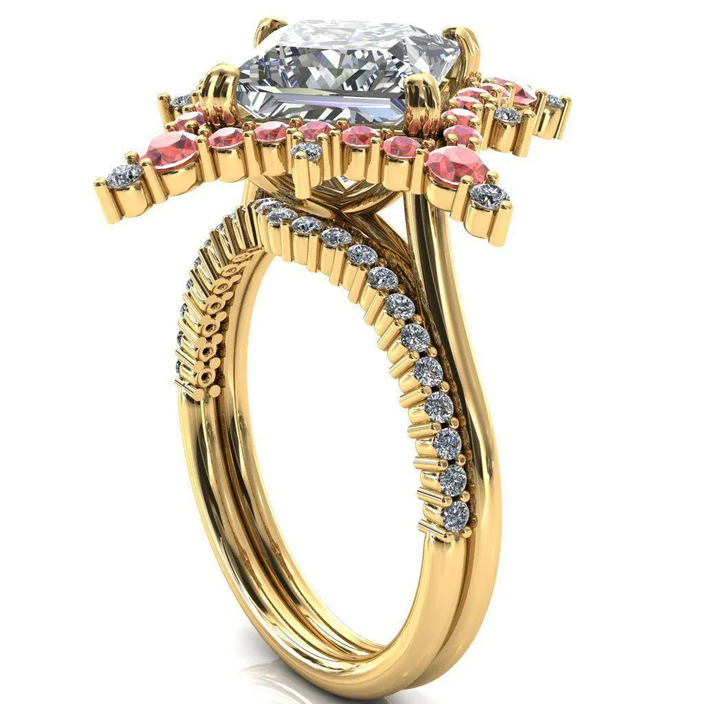 Thalim Princess/Square Moissanite 4-Point Star Padparadscha Sapphire and Diamond Halo Ring ver. 2