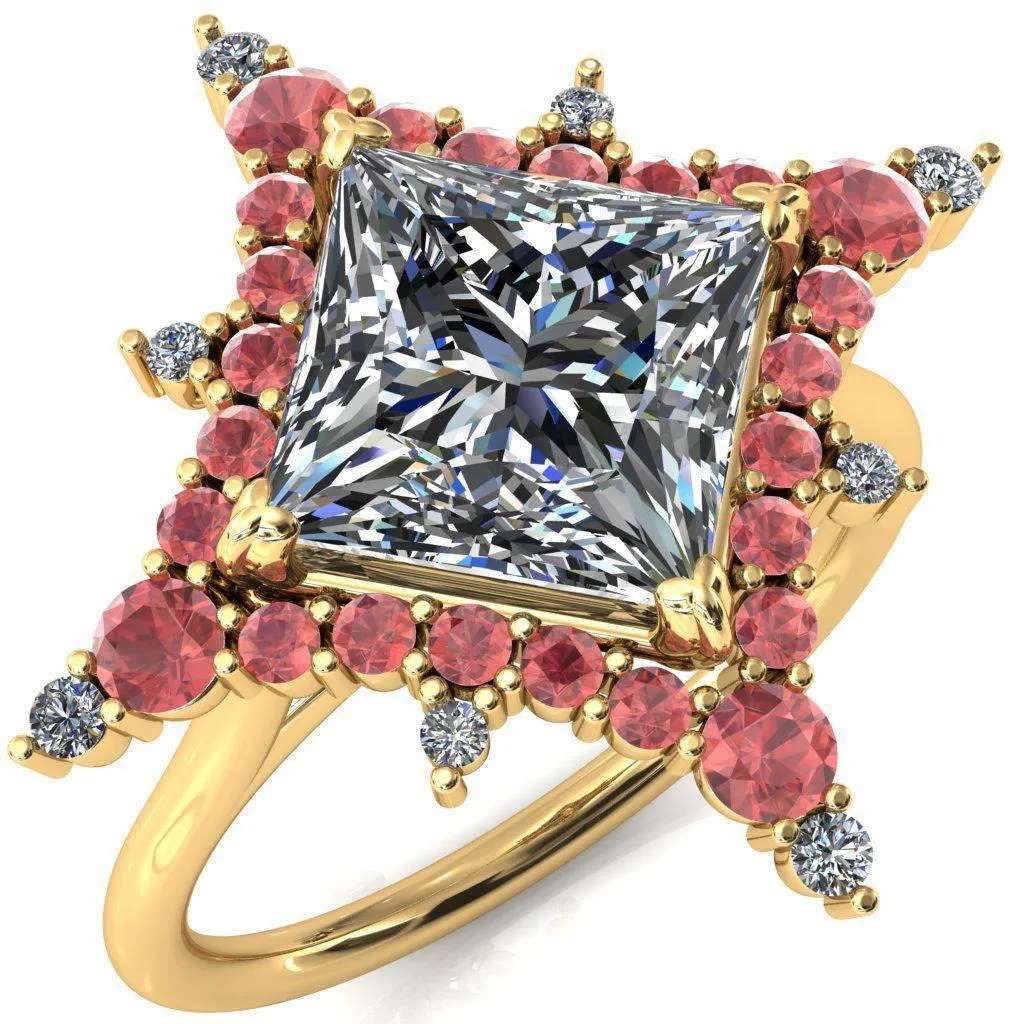 Thalim Princess/Square Moissanite 4-Point Star Padparadscha Sapphire and Diamond Halo Ring ver. 2