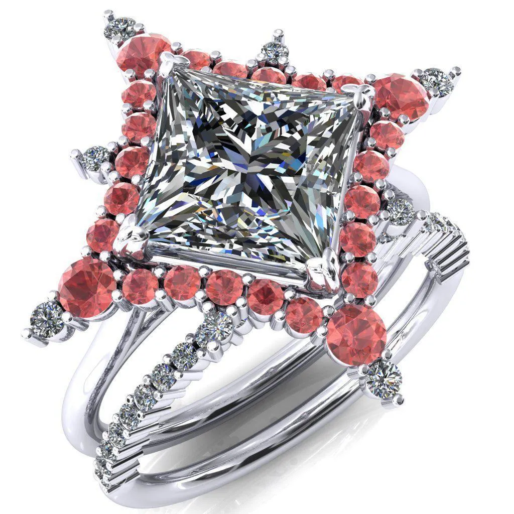 Thalim Princess/Square Moissanite 4-Point Star Padparadscha Sapphire and Diamond Halo Ring ver. 2