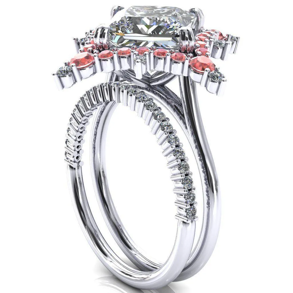 Thalim Princess/Square Moissanite 4-Point Star Padparadscha Sapphire and Diamond Halo Ring ver. 2