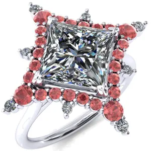 Thalim Princess/Square Moissanite 4-Point Star Padparadscha Sapphire and Diamond Halo Ring ver. 2