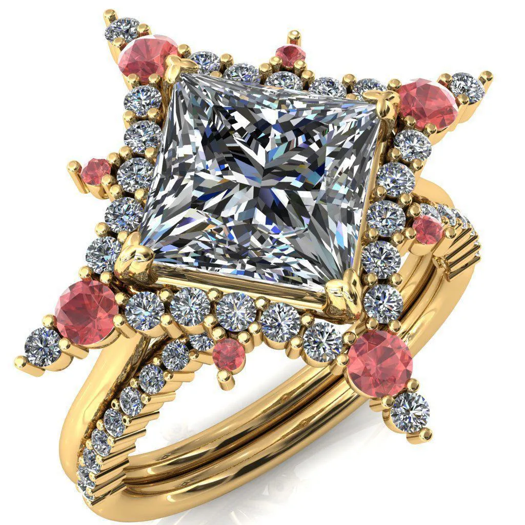Thalim Princess/Square Moissanite 4-Point Star Padparadscha Sapphire and Diamond Halo Ring