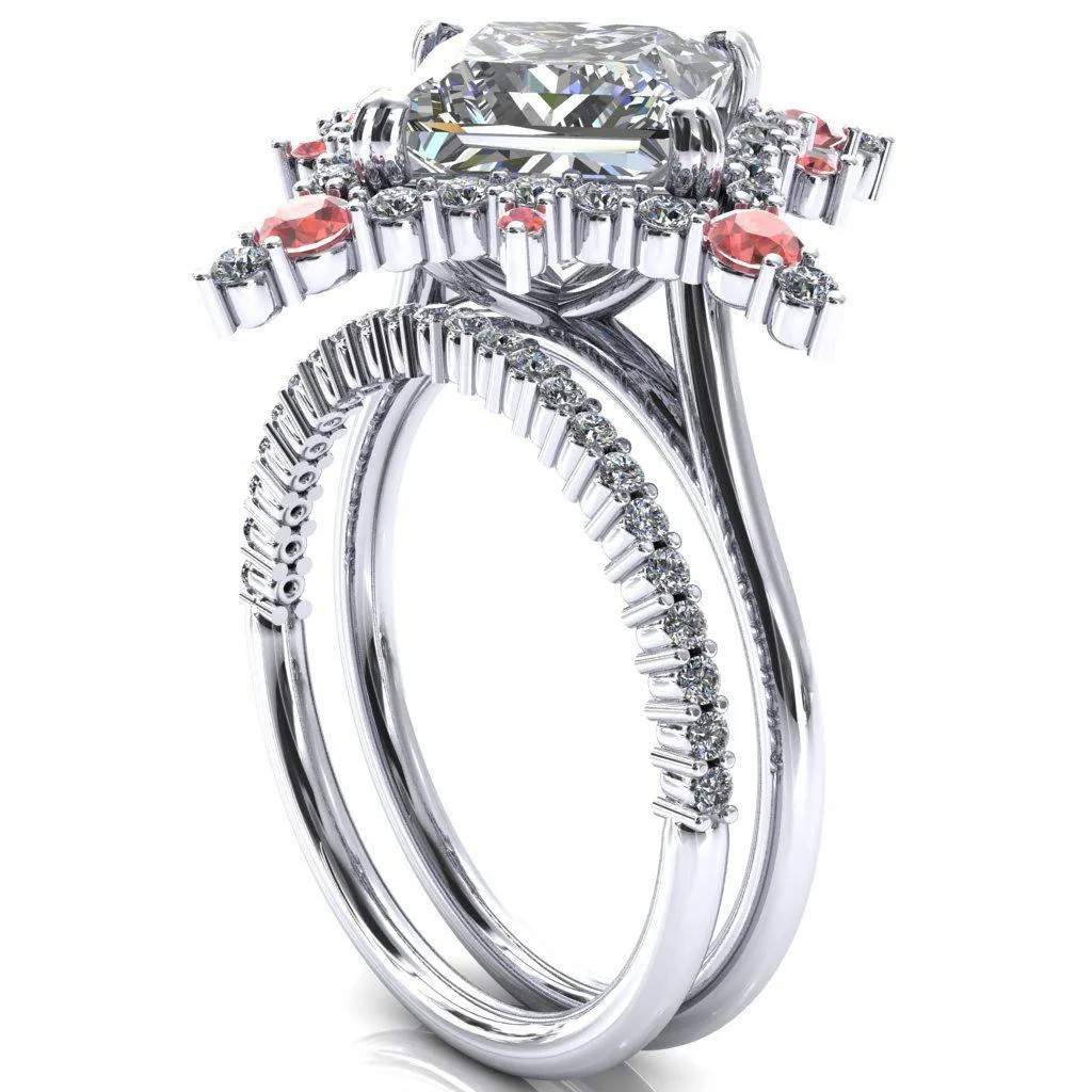 Thalim Princess/Square Moissanite 4-Point Star Padparadscha Sapphire and Diamond Halo Ring