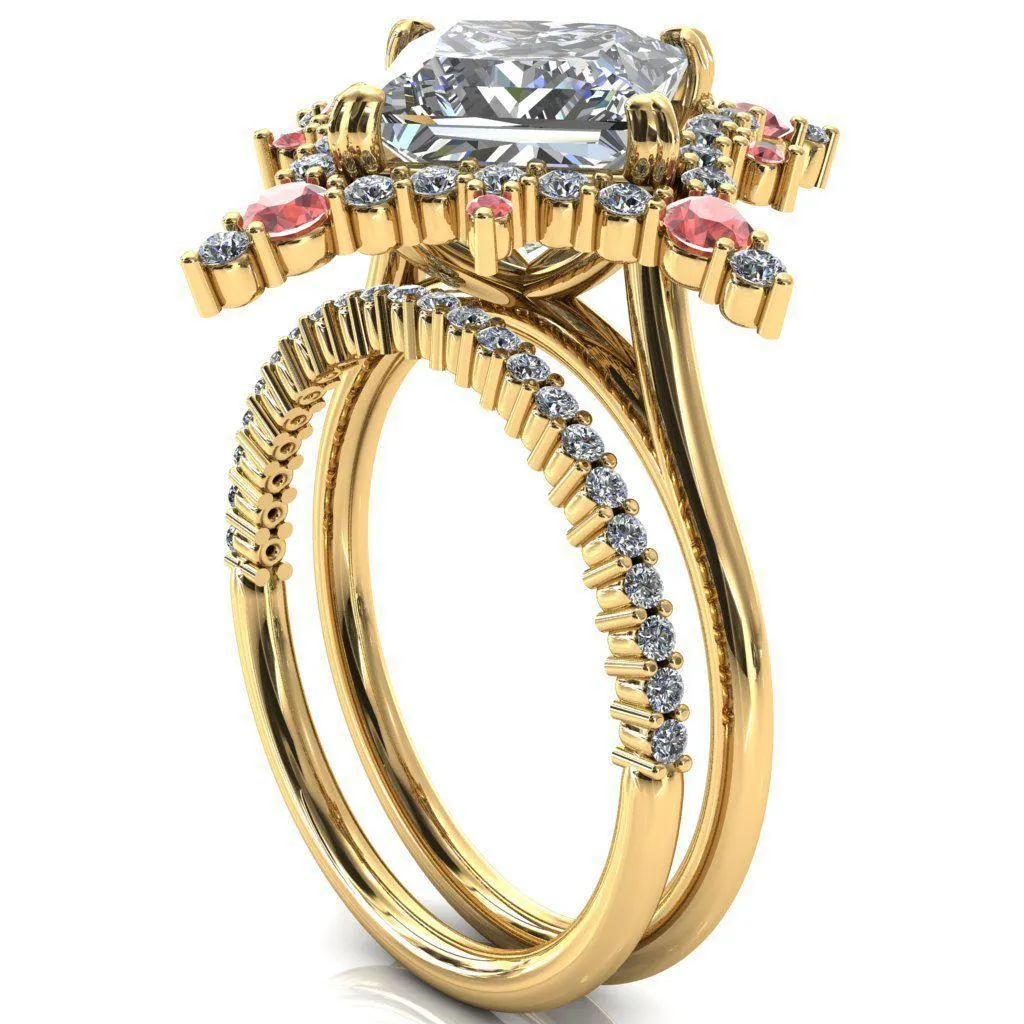 Thalim Princess/Square Moissanite 4-Point Star Padparadscha Sapphire and Diamond Halo Ring