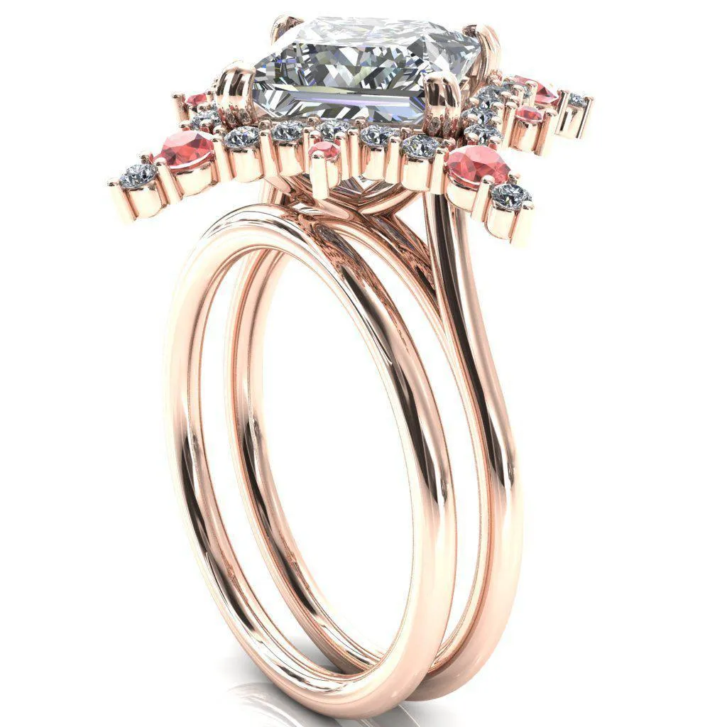 Thalim Princess/Square Moissanite 4-Point Star Padparadscha Sapphire and Diamond Halo Ring