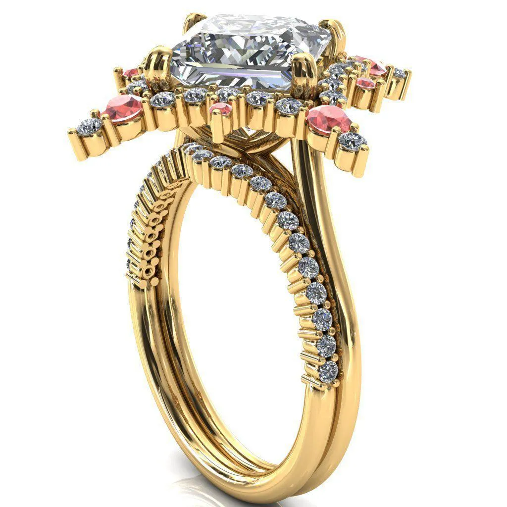Thalim Princess/Square Moissanite 4-Point Star Padparadscha Sapphire and Diamond Halo Ring