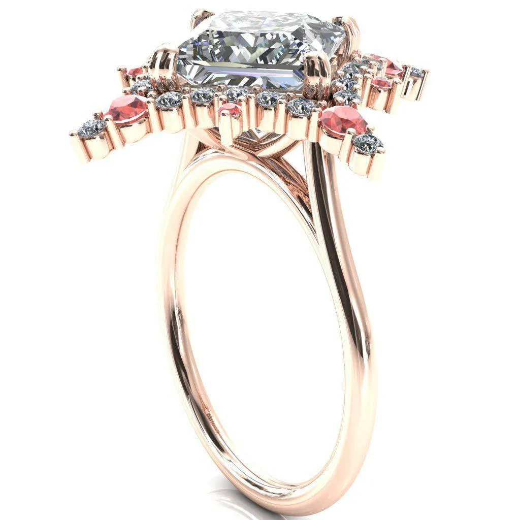 Thalim Princess/Square Moissanite 4-Point Star Padparadscha Sapphire and Diamond Halo Ring