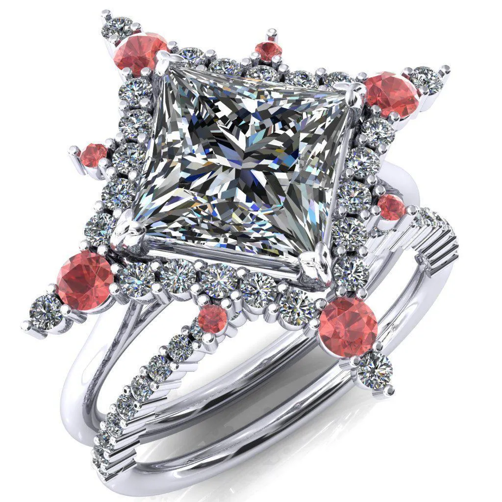 Thalim Princess/Square Moissanite 4-Point Star Padparadscha Sapphire and Diamond Halo Ring
