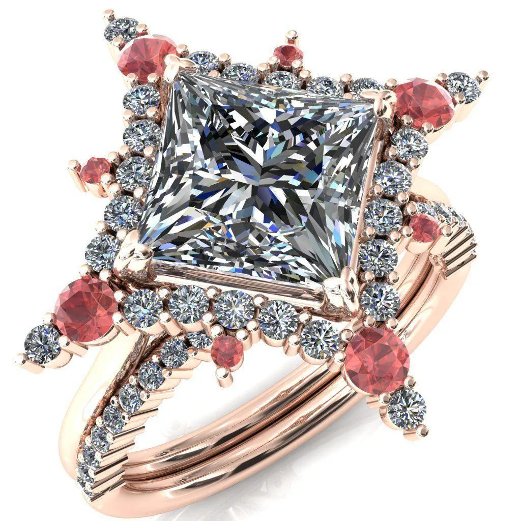 Thalim Princess/Square Moissanite 4-Point Star Padparadscha Sapphire and Diamond Halo Ring