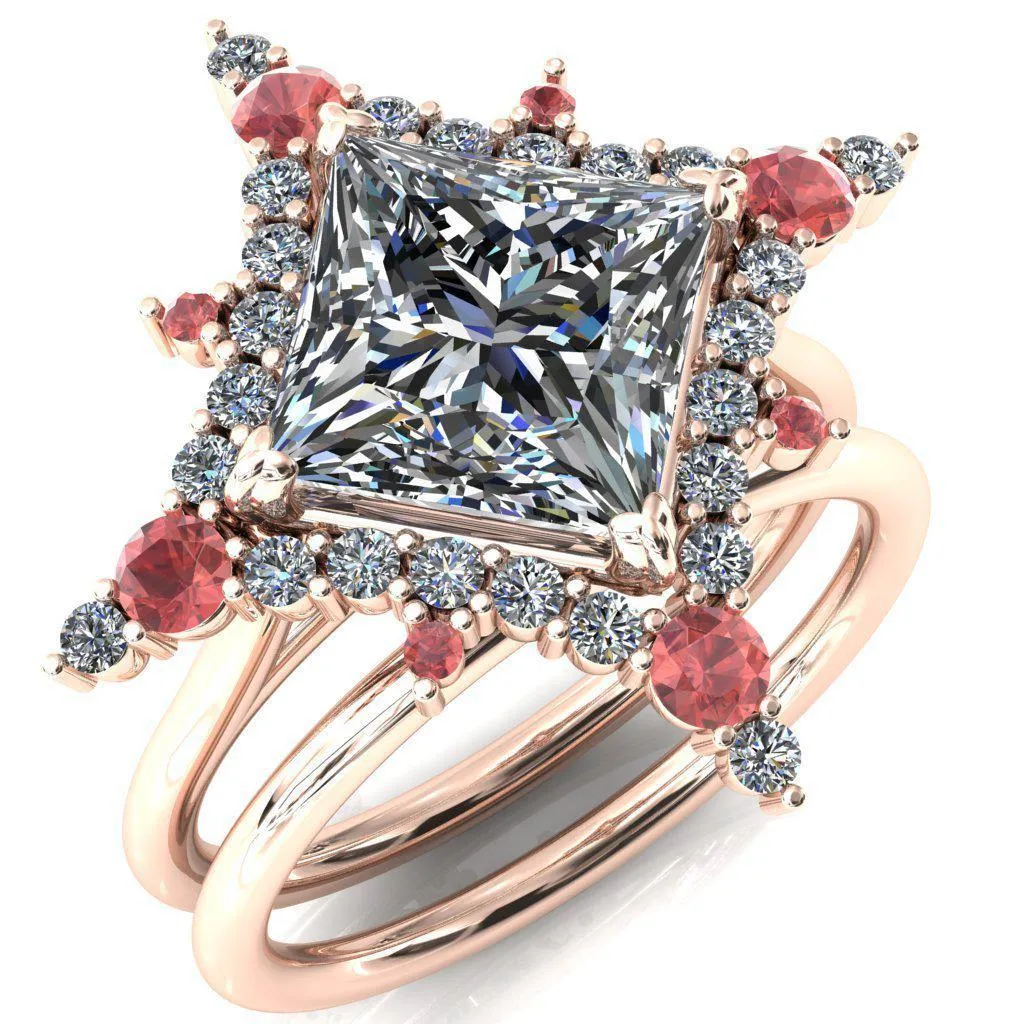 Thalim Princess/Square Moissanite 4-Point Star Padparadscha Sapphire and Diamond Halo Ring
