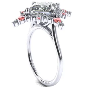 Thalim Princess/Square Moissanite 4-Point Star Padparadscha Sapphire and Diamond Halo Ring