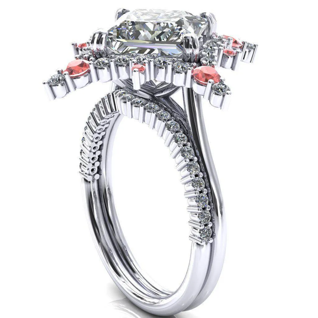 Thalim Princess/Square Moissanite 4-Point Star Padparadscha Sapphire and Diamond Halo Ring