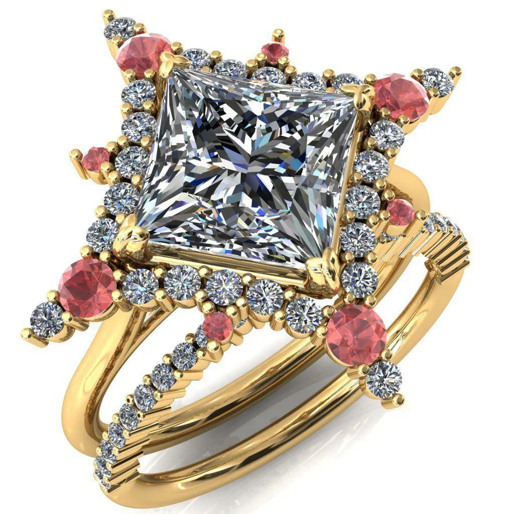 Thalim Princess/Square Moissanite 4-Point Star Padparadscha Sapphire and Diamond Halo Ring