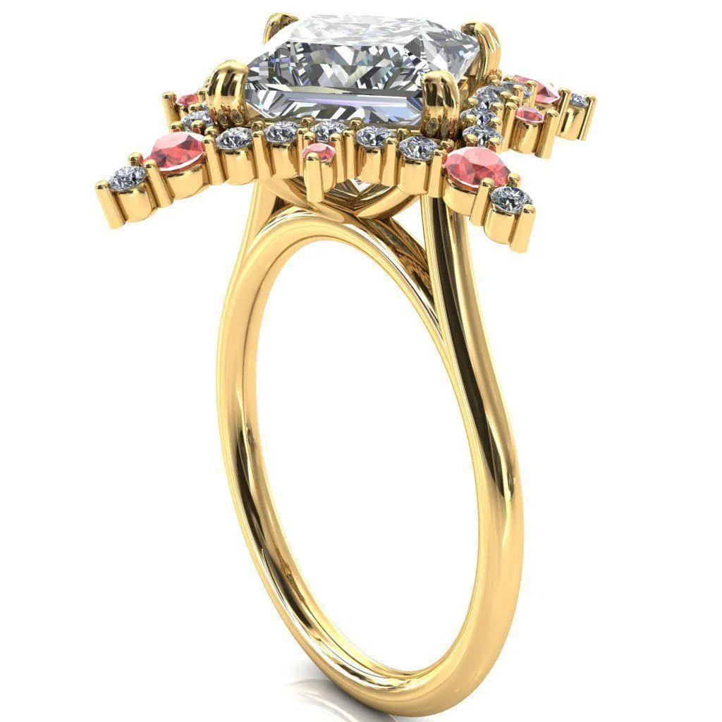 Thalim Princess/Square Moissanite 4-Point Star Padparadscha Sapphire and Diamond Halo Ring