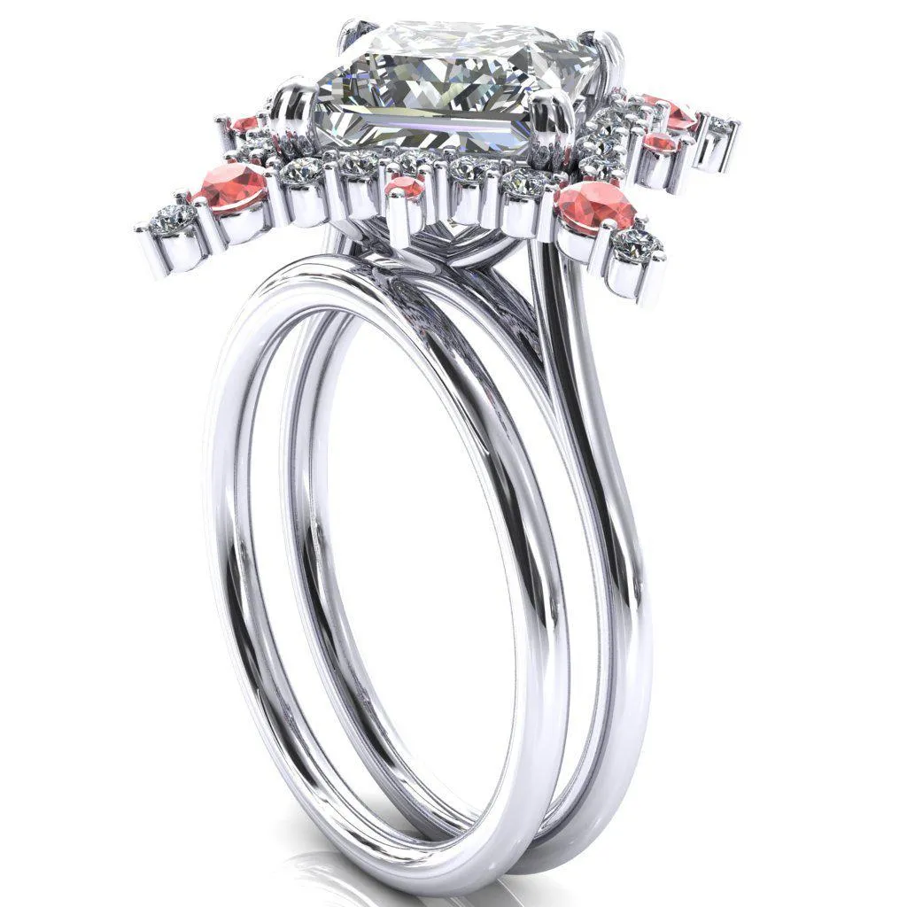 Thalim Princess/Square Moissanite 4-Point Star Padparadscha Sapphire and Diamond Halo Ring