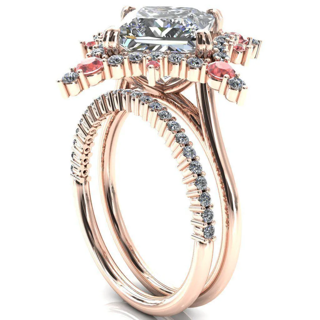 Thalim Princess/Square Moissanite 4-Point Star Padparadscha Sapphire and Diamond Halo Ring