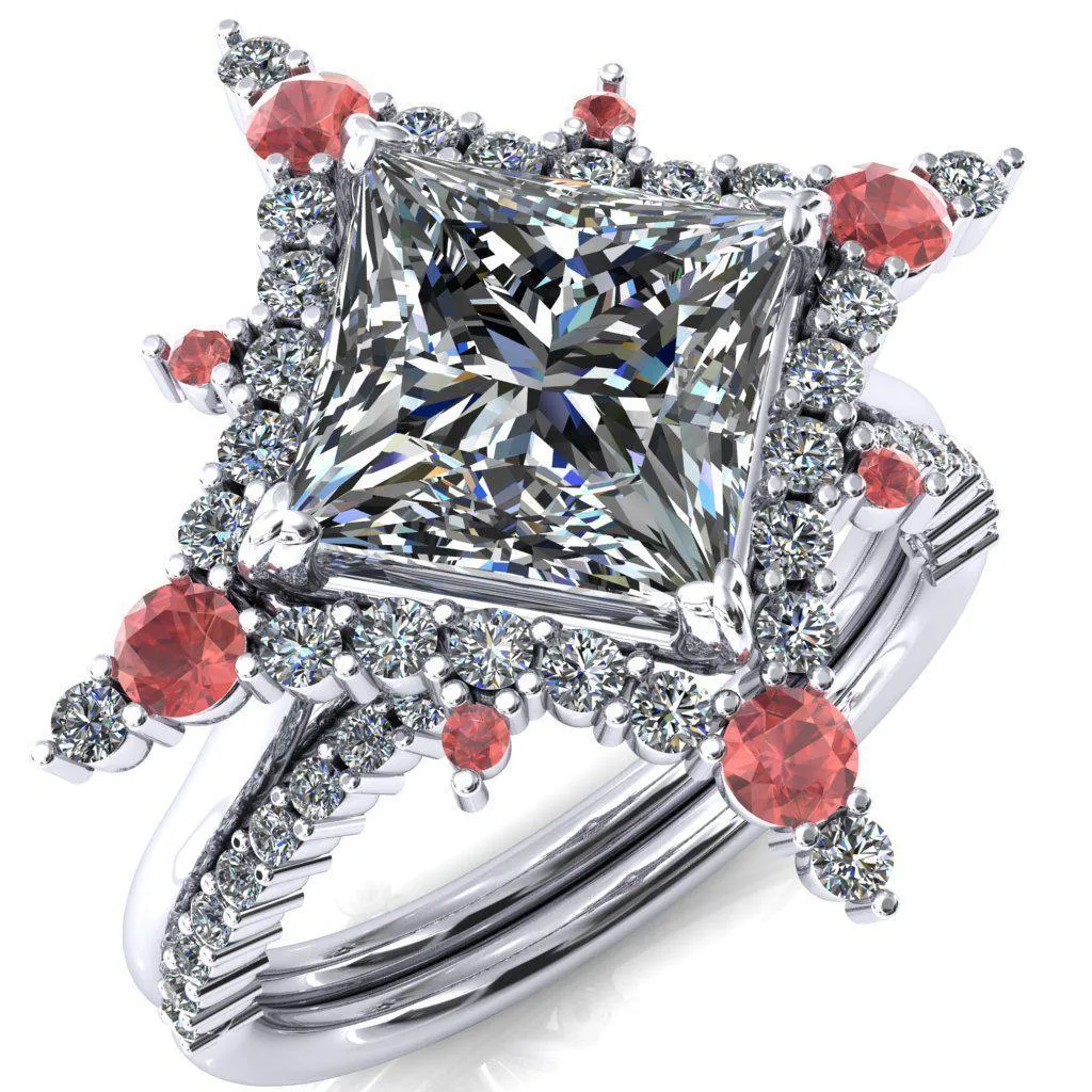 Thalim Princess/Square Moissanite 4-Point Star Padparadscha Sapphire and Diamond Halo Ring
