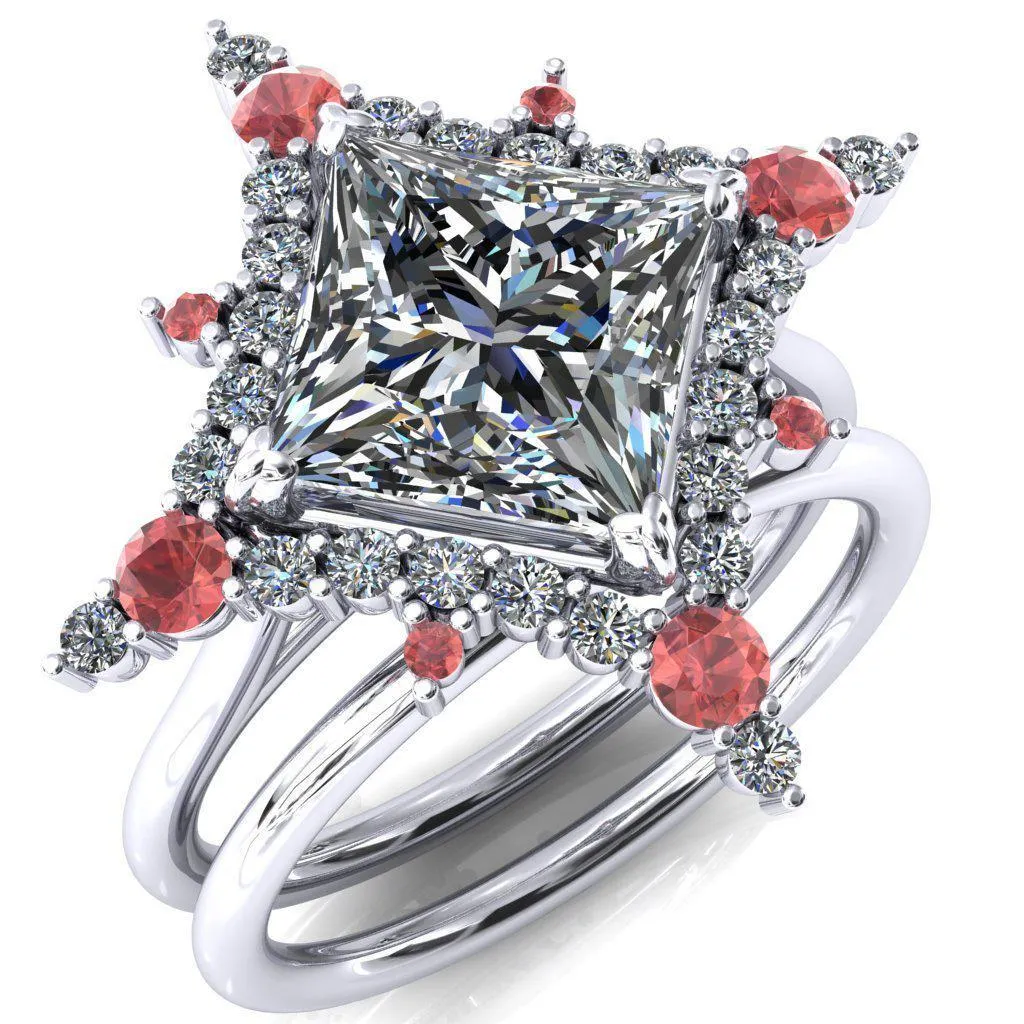Thalim Princess/Square Moissanite 4-Point Star Padparadscha Sapphire and Diamond Halo Ring