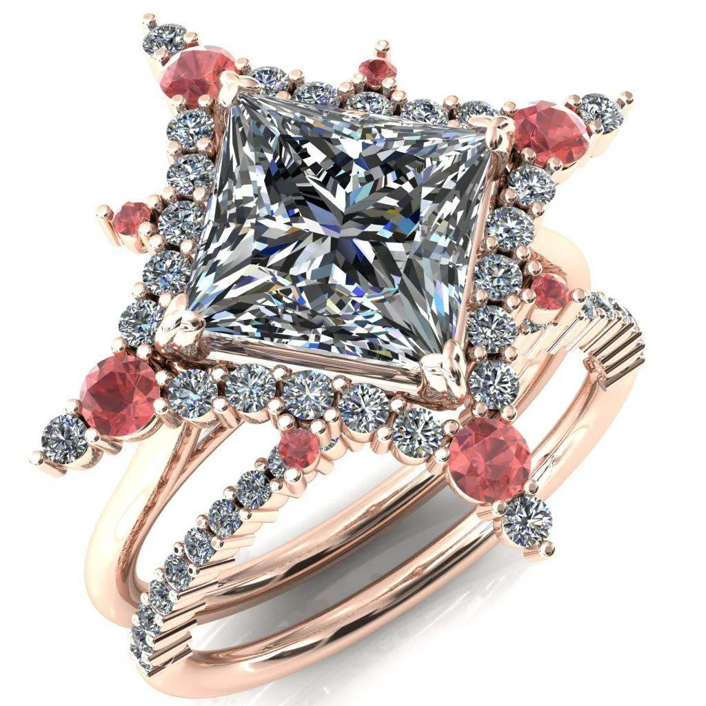 Thalim Princess/Square Moissanite 4-Point Star Padparadscha Sapphire and Diamond Halo Ring