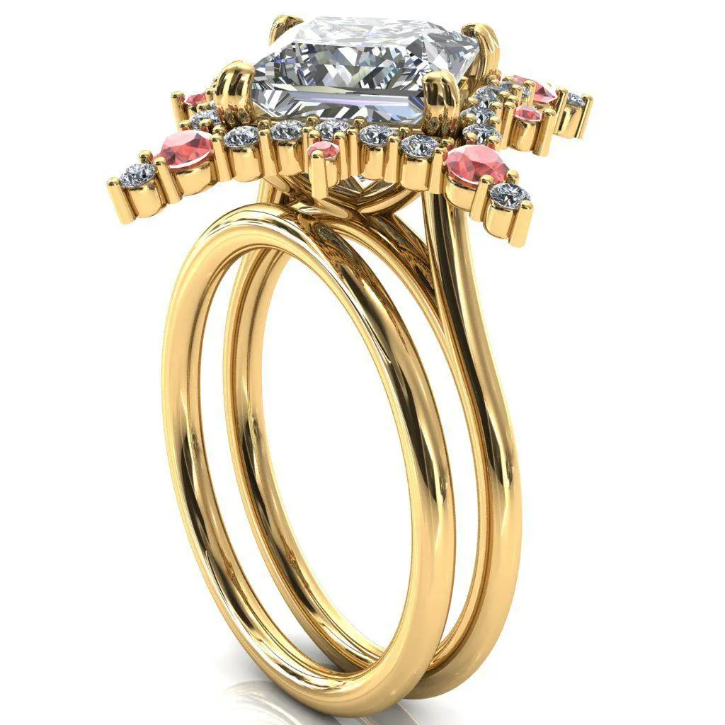 Thalim Princess/Square Moissanite 4-Point Star Padparadscha Sapphire and Diamond Halo Ring