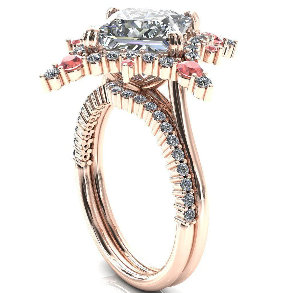 Thalim Princess/Square Moissanite 4-Point Star Padparadscha Sapphire and Diamond Halo Ring