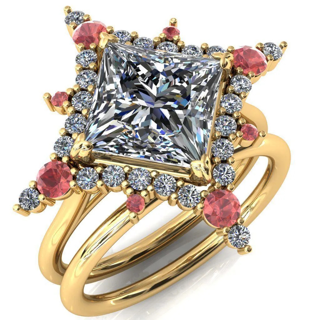 Thalim Princess/Square Moissanite 4-Point Star Padparadscha Sapphire and Diamond Halo Ring