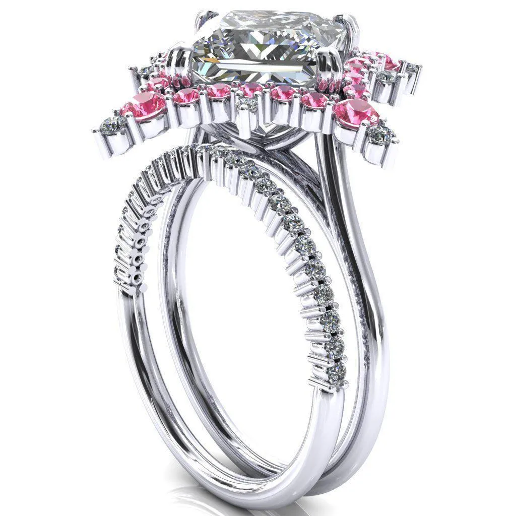 Thalim Princess/Square Moissanite 4-Point Star Pink Sapphire and Diamond Halo Ring ver. 2