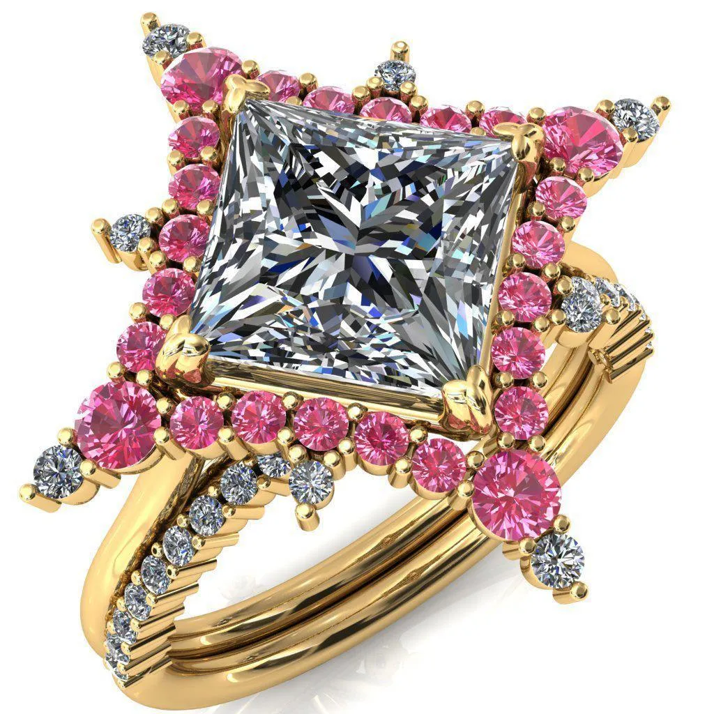 Thalim Princess/Square Moissanite 4-Point Star Pink Sapphire and Diamond Halo Ring ver. 2