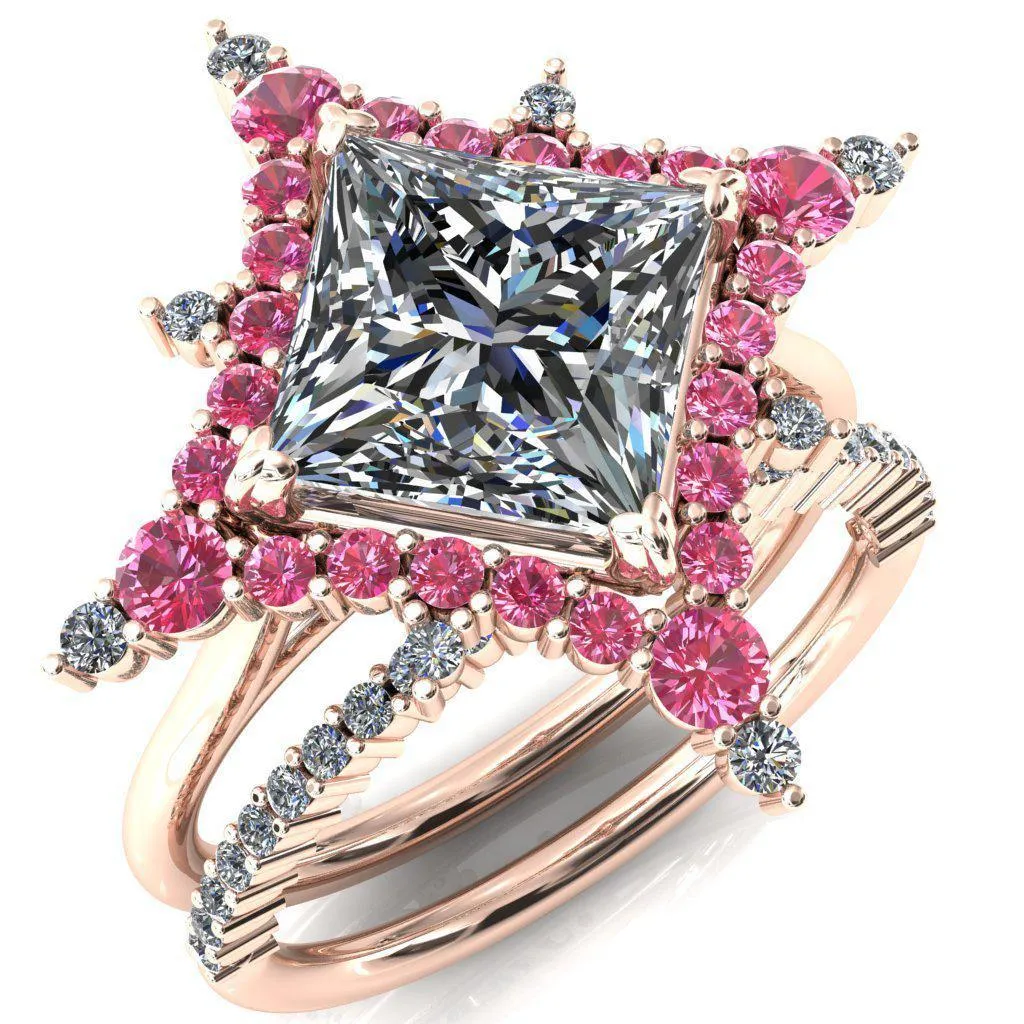 Thalim Princess/Square Moissanite 4-Point Star Pink Sapphire and Diamond Halo Ring ver. 2