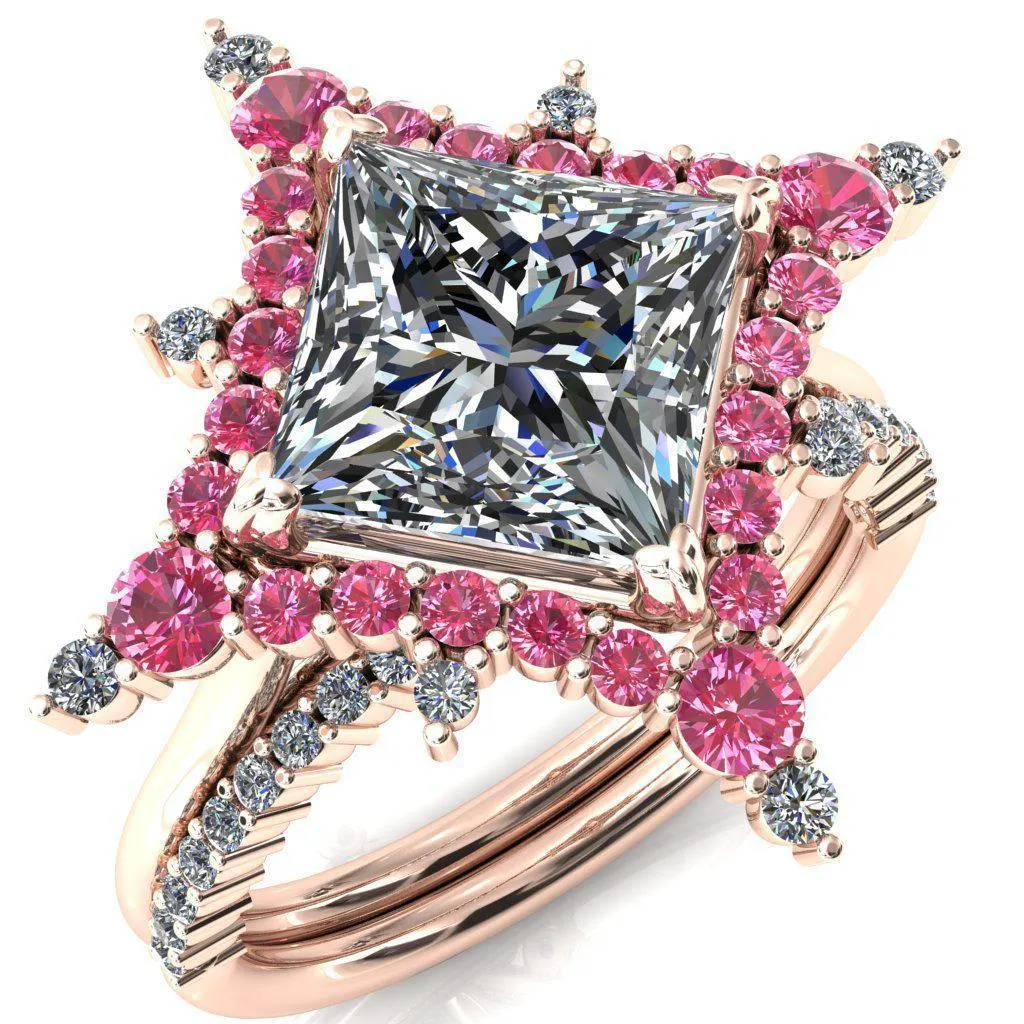 Thalim Princess/Square Moissanite 4-Point Star Pink Sapphire and Diamond Halo Ring ver. 2