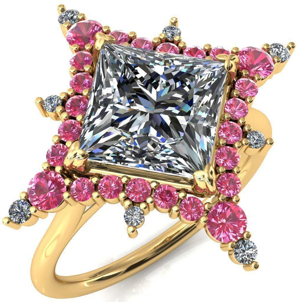 Thalim Princess/Square Moissanite 4-Point Star Pink Sapphire and Diamond Halo Ring ver. 2