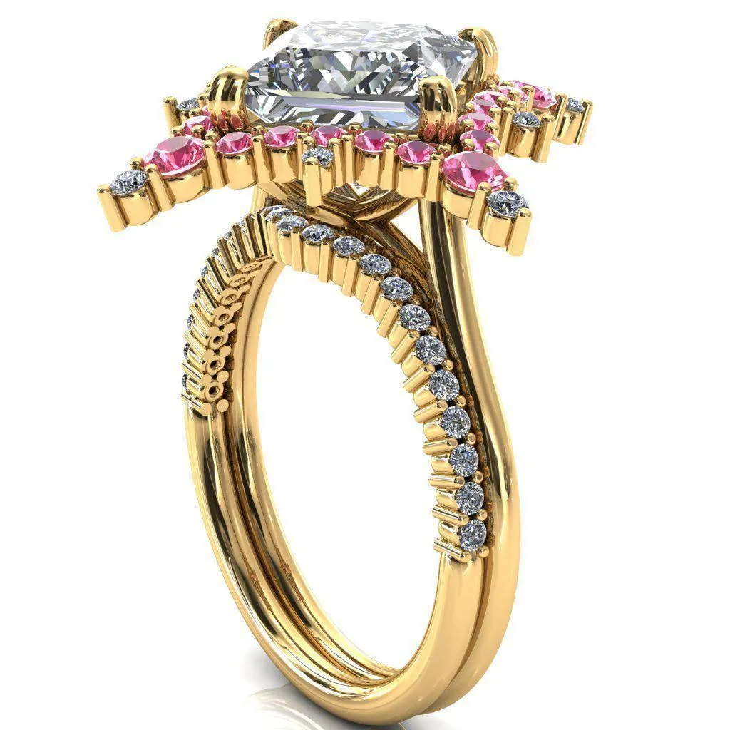 Thalim Princess/Square Moissanite 4-Point Star Pink Sapphire and Diamond Halo Ring ver. 2