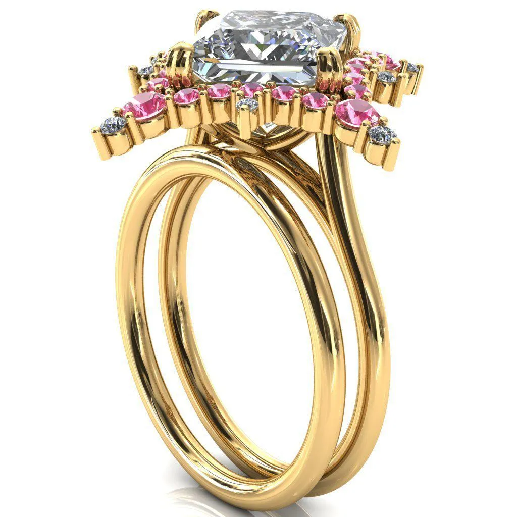 Thalim Princess/Square Moissanite 4-Point Star Pink Sapphire and Diamond Halo Ring ver. 2
