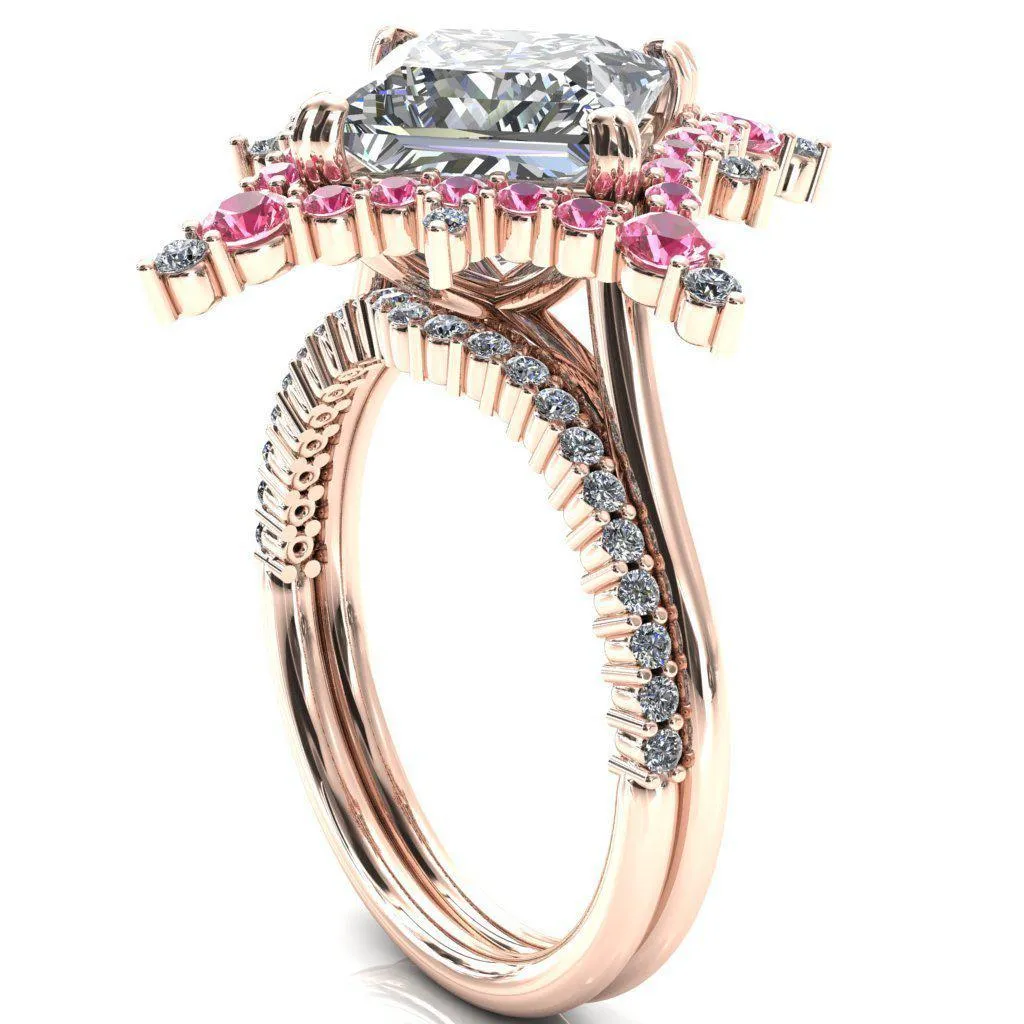 Thalim Princess/Square Moissanite 4-Point Star Pink Sapphire and Diamond Halo Ring ver. 2