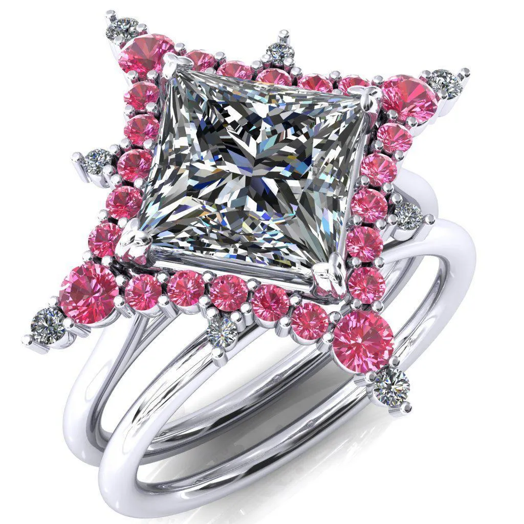 Thalim Princess/Square Moissanite 4-Point Star Pink Sapphire and Diamond Halo Ring ver. 2