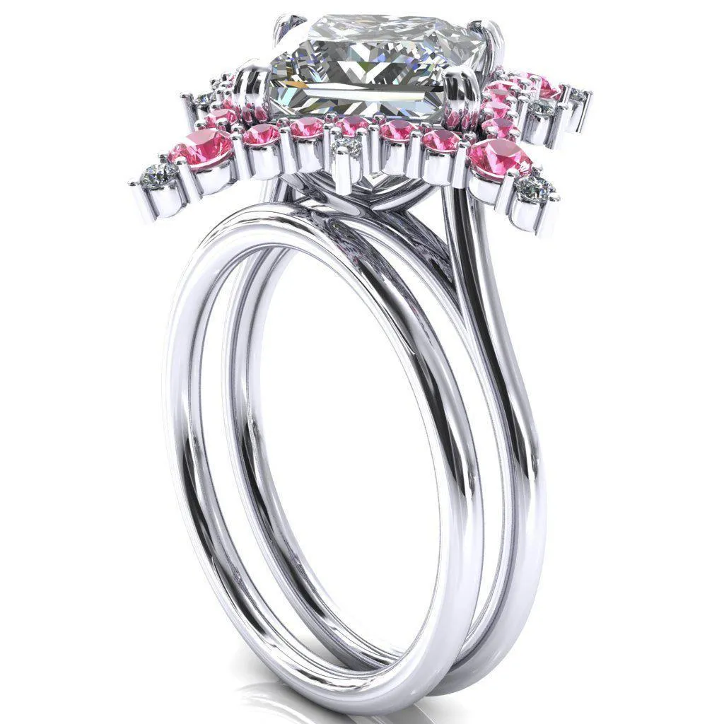 Thalim Princess/Square Moissanite 4-Point Star Pink Sapphire and Diamond Halo Ring ver. 2