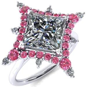 Thalim Princess/Square Moissanite 4-Point Star Pink Sapphire and Diamond Halo Ring ver. 2